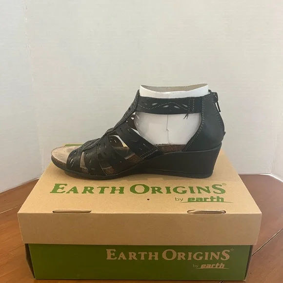 Earth Origins Black Leather Women's Wedge Ruby Comfort Sandals Size 8 M - Picture 4 of 8